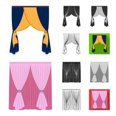 Perdeleri çizgi film, siyah, düz, tek renkli, farklı türde set koleksiyonu tasarım için simgeleri anahat. Perdeler ve Saçakların sembol stok web illüstrasyon vektör.