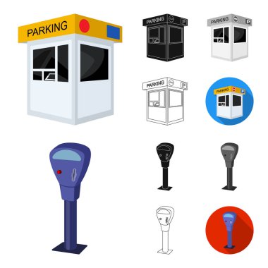 Otopark arabalar çizgi film, siyah, düz, tek renkli, set koleksiyonu tasarım için simgeleri anahat. Ekipman ve hizmet vektör simgesi web illüstrasyon stok.