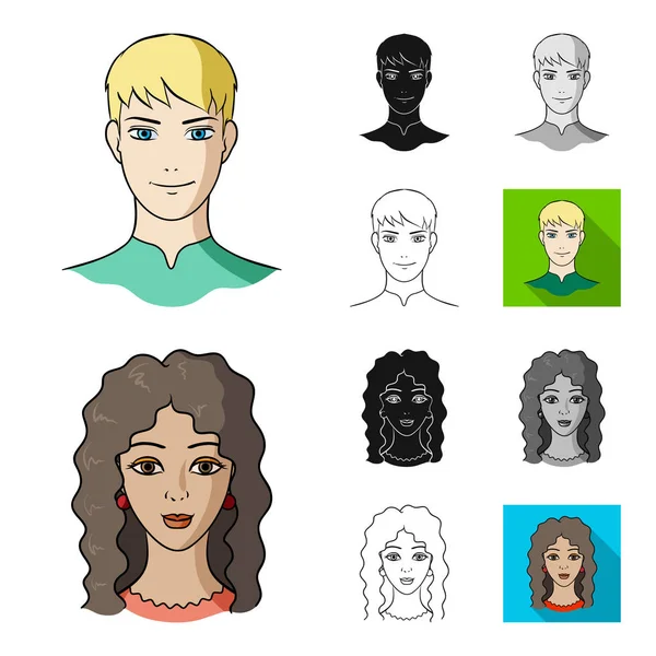 Desenhos animados Avatar e rosto, preto, plano, monocromático, ícones esboço na coleção de conjuntos para design. Uma pessoa aparência vetor símbolo web ilustração . —  Vetores de Stock