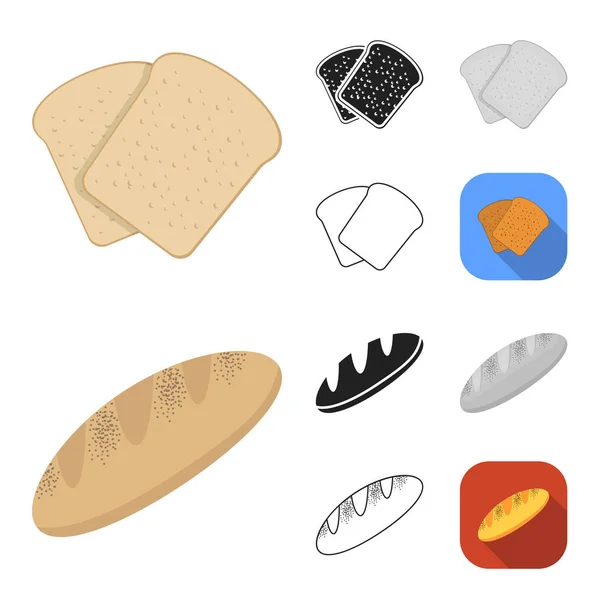 Tipos de dibujos animados de pan, negro, plano, monocromo, iconos de contorno en la colección de conjuntos para el diseño. Panadería productos vector símbolo stock web ilustración . — Archivo Imágenes Vectoriales