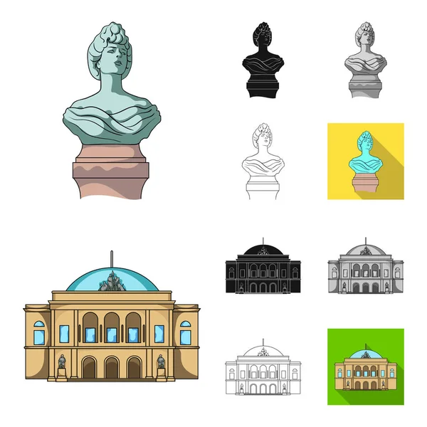 Resor i Danmark tecknade, svart, platt, svartvitt, disposition ikoner i set samling för design. Danmark och attraktioner vektor symbol lager web illustration. — Stock vektor