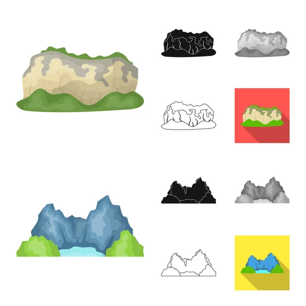 Diferentes montañas de dibujos animados, negro, plano, monocromo, iconos de contorno en la colección de conjuntos para design.Mountains y vector de paisaje símbolo stock web ilustración . — Archivo Imágenes Vectoriales