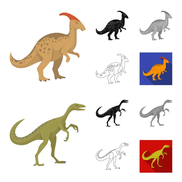 Kreskówka różne dinozaury, czarne, płaskie, monochromatyczne, zarys ikony w kolekcja zestaw do projektowania. Prehistoryczne zwierzęta wektor symbol akcji web ilustracja. — Wektor stockowy