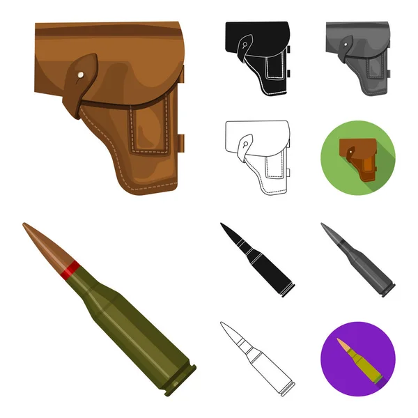 Ejército y armamento de dibujos animados, negro, plano, monocromo, iconos de contorno en la colección de conjuntos para el diseño. Armas y equipo vector símbolo stock web ilustración . — Vector de stock