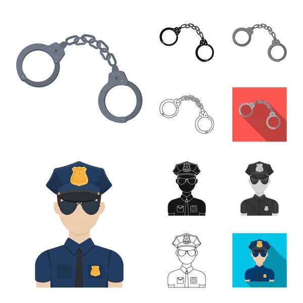 Polizei, Abteilung Cartoon, schwarz, flach, monochrom, Umrisse Symbole in Set-Sammlung für Design. Detektiv und Zubehör Vektor-Symbol Stock Web-Illustration. — Stockvektor