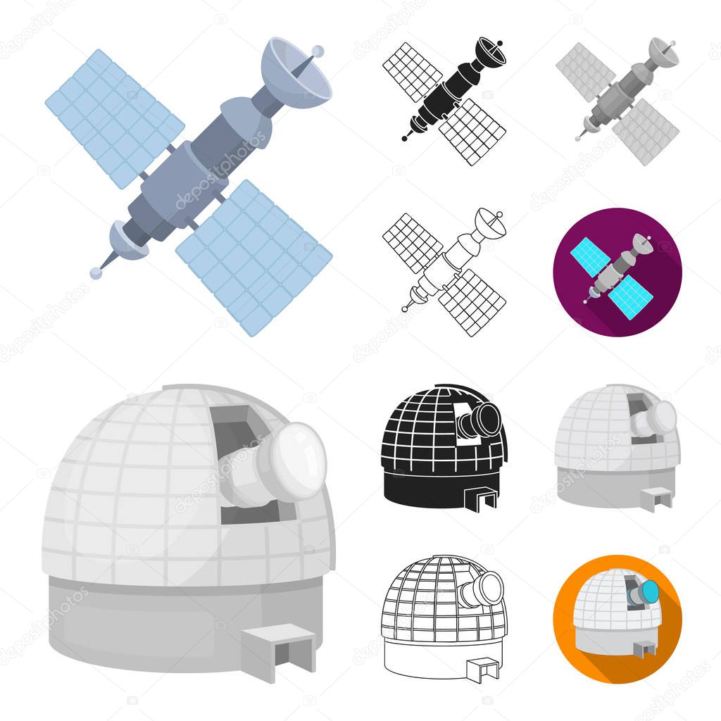Space technology cartoon,black,flat,monochrome,outline icons in set collection for design.Spacecraft and equipment vector symbol stock web illustration.