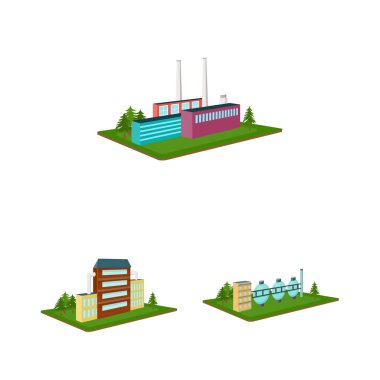 Set koleksiyonu tasarım için fabrika ve bitki karikatür simgeler. Üretim ve kurumsal izometrik sembol stok web illüstrasyon vektör.
