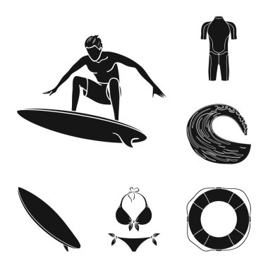 Sörf ve aşırı siyah simgeler set koleksiyonu tasarım için. Sembol stok web illüstrasyon vektör sörfçü ve aksesuarları.