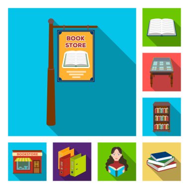 Kütüphane ve kitabevi düz simgeler set koleksiyonu tasarım için. Kitap ve mobilyalar sembol stok web illüstrasyon vektör.