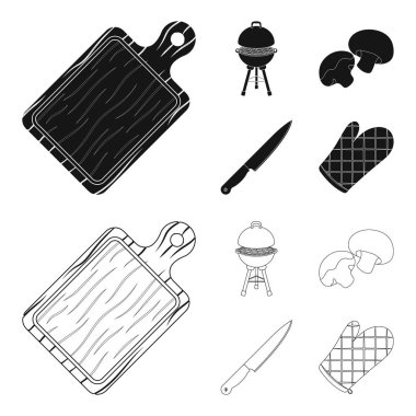 Barbekü Izgara, petrol, bıçak, Barbekü mitten. Barbekü küme toplama simgeler siyah, anahat stili vektör simge stok illüstrasyon, web