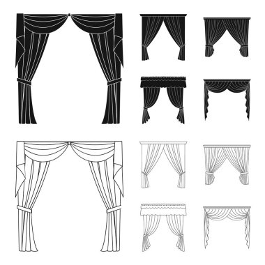 Pencere perdeleri farklı türleri. Perdeleri toplama simgeler siyah, anahat stili vektör simge stok çizim web içinde ayarla..
