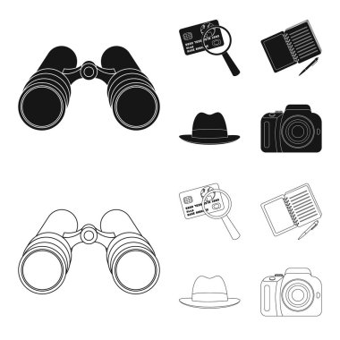 Kamera, Büyüteç, şapka, defter kalem ile. Dedektif toplama simgeler siyah, anahat stili vektör simge stok çizim web içinde ayarla..