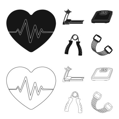 Koşu bandı, ölçekler, expander ve ekipman eğitim için diğer. Spor ve egzersiz toplama simgeler siyah, anahat stili vektör simge stok illüstrasyon ayarla .
