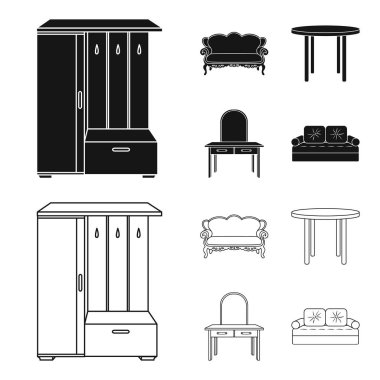 Kanepe, koltuk, Masa, ayna. Siyah, anahat stili vektör simge stok çizim web mobilya ve ev interiorset toplama simgeler.