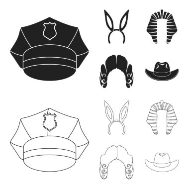 Tavşan Kulağı, Yargıç peruk, kovboy. Şapka toplama simgeler siyah, anahat stili vektör simge stok çizim web içinde ayarla..