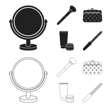 Masa ayna, kozmetik çantası, yüz fırça, vücut kremi. Makyaj toplama simgeler siyah, anahat stili vektör simge stok çizim web içinde ayarla..