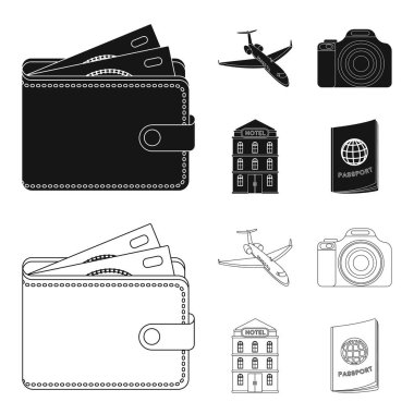 Tatil, seyahat, cüzdan, para. Dinlenmek ve küme toplama simgeler siyah, anahat stili vektör simge stok çizim web içinde seyahat.