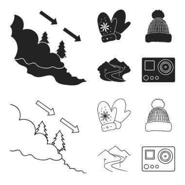 Mittens, sıcak şapka, Kayak Bakırlı, hareket kamera. Kayak Merkezi toplama simgeler siyah, anahat stili vektör simge stok çizim web içinde ayarla..