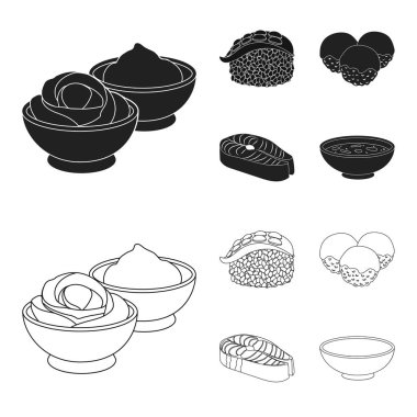 Wasabi sosu ve zencefil, somon steak, ahtapot. Suşi toplama simgeler siyah, anahat stili vektör simge stok çizim web içinde ayarla..