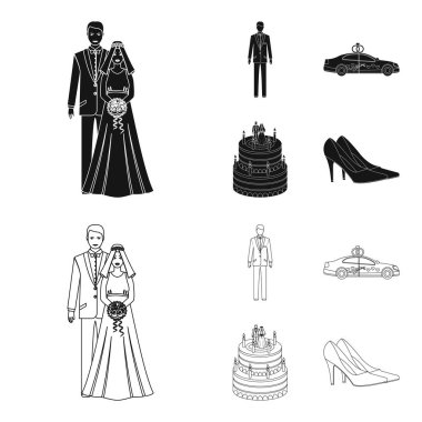 Düğün ve öznitelikleri çizgi film, düz, anahat, siyah simgeler set koleksiyonu tasarım için. Sembol stok web illüstrasyon vektör yeni evliler ve aksesuarları.