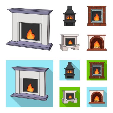 Yangın, sıcaklık ve konfor. Şömine toplama simgeler çizgi film, düz stil vektör simge stok çizim web ayarla..