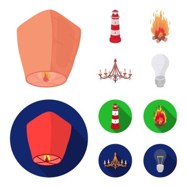 Işık bir fener, bir deniz feneri, bir yangın, mumlar ile bir avize. Çizgi film, düz stil vektör simge stok çizim web simgeler ışık kaynağı ayarla.