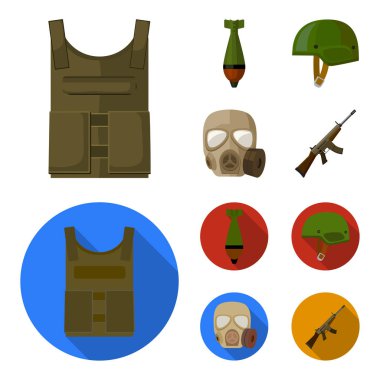 Kurşun geçirmez yelek, benim, kask, gaz maskesi. Askeri ve ordu çizgi film, düz stil vektör simge stok çizim web simgeler ayarla.