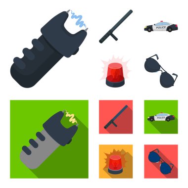 Polis baton, oto, Flaşör, gözlük. Polis toplama simgeler çizgi film, düz stil vektör simge stok çizim web ayarla..