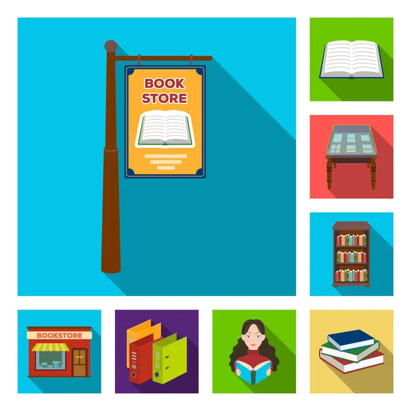 Biblioteca y librería iconos planos en colección de conjuntos para el diseño. Libros y mobiliario vector símbolo stock web ilustración . — Vector de stock