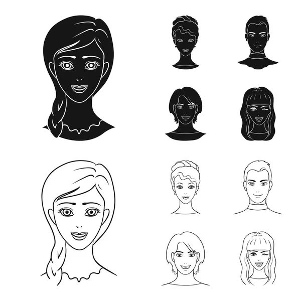 Diversi sguardi dei giovani. icone di raccolta avatar e set viso in nero, contorno stile vettore simbolo stock illustrazione web . — Vettoriale Stock