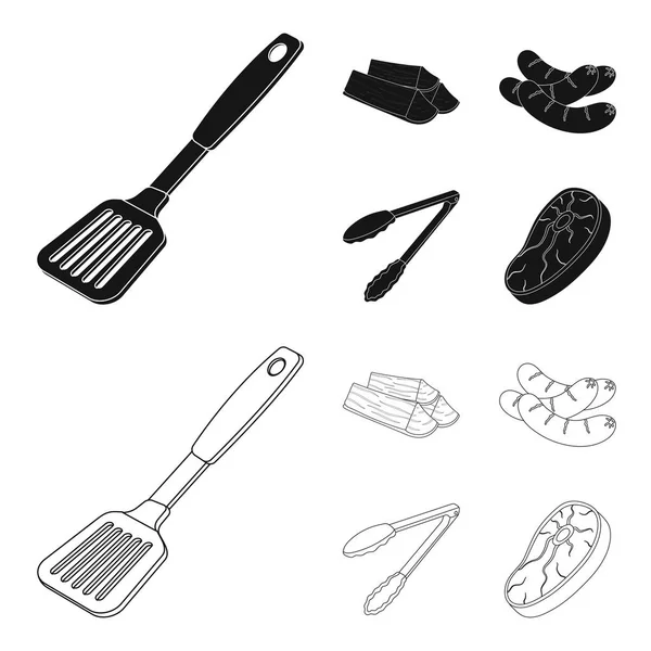 Blade kök, ved, korv och andra för grill. BBQ som samling ikoner i svart, disposition stil vektor symbol stock illustration web. — Stock vektor
