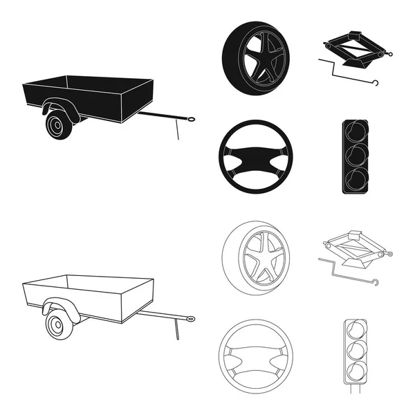 Caravane, roue avec couvercle de pneu, cric mécanique, volant, Jeu de voitures icônes de la collection en noir, contour style vectoriel symbole illustration web . — Image vectorielle