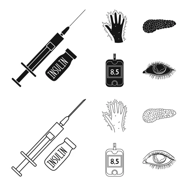 Spruta med insulin, bukspottkörteln, Glukometer, hand diabetiker. Diabet som samling ikoner i svart, disposition stil vektor symbol stock illustration web. — Stock vektor