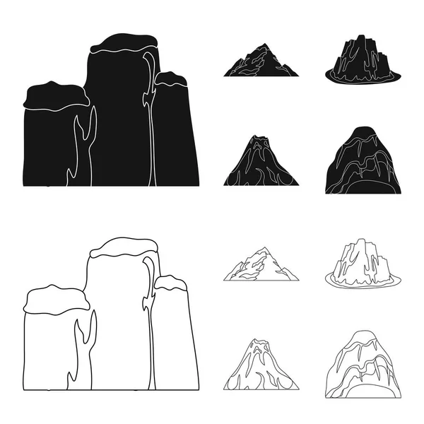 Scogliere a picco, un'eruzione vulcanica, una montagna con una spiaggia, un ghiacciaio. Diverse montagne set icone di raccolta in nero, contorno stile vettore simbolo stock illustrazione web . — Vettoriale Stock