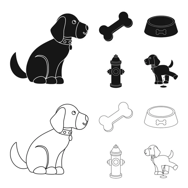 一根骨头, 一个消防栓, 一碗食物, 一只小便狗。狗集合图标在黑色, 轮廓样式矢量符号股票插画网站. — 图库矢量图片