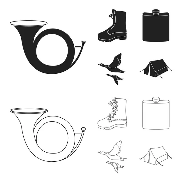 Flying ducks, frasco, botas, tienda de campaña.. Conjunto de caza iconos de la colección en negro, contorno estilo vector símbolo stock ilustración web . — Vector de stock