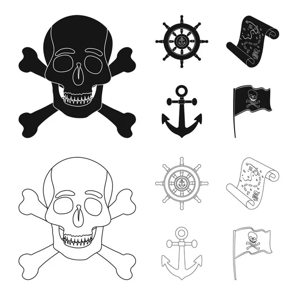 Pirata, bandido, timón, bandera .Pirates conjunto de iconos de colección en negro, contorno estilo vector símbolo stock ilustración web . — Vector de stock