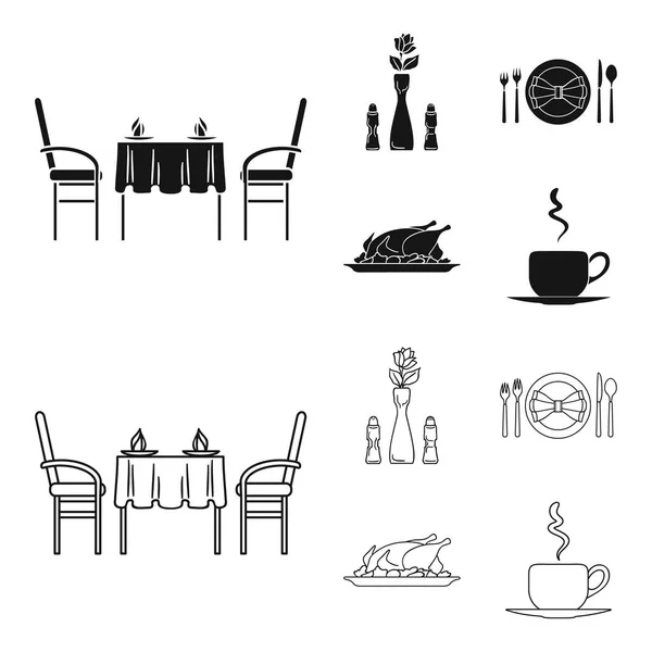 Vase avec une fleur, décor de table, poulet frit avec garniture, une tasse de café.Restaurant set collection icônes en noir, contour style vectoriel symbole illustration web . — Image vectorielle