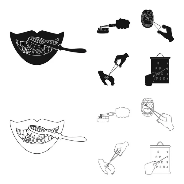 Cura dentale, trattamento delle ferite e altre icone web in nero, trattamento di contorno style.oral, icone di test della vista nella collezione set . — Vettoriale Stock