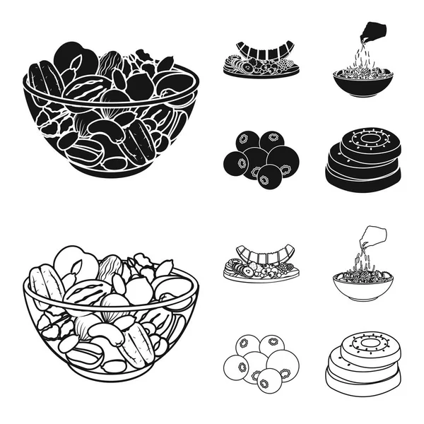Surtido de frutos secos, frutas y otros alimentos. Conjunto de alimentos iconos de colección en negro, contorno estilo vector símbolo stock ilustración web . — Archivo Imágenes Vectoriales