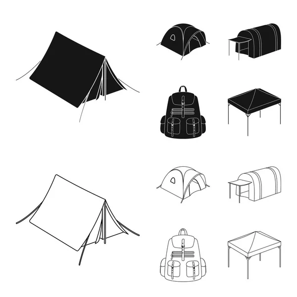 배낭과 텐트의 다른 종류 텐트 블랙, 개요 스타일 벡터 기호 재고 일러스트 웹 컬렉션 아이콘 설정. — 스톡 벡터