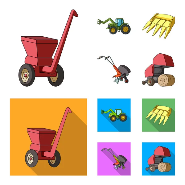 Motoblock und andere landwirtschaftliche Geräte. Landmaschinen Set Sammlung Symbole in Cartoon, flachen Stil Vektor Symbol Stock Illustration Web. — Stockvektor