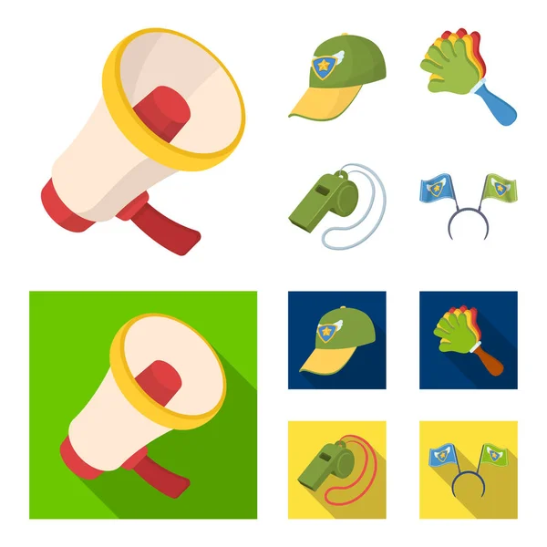 Megáfono, silbato y otros atributos de los fanáticos conjunto de iconos de la colección en dibujos animados, vector de estilo plano símbolo stock ilustración web . — Vector de stock