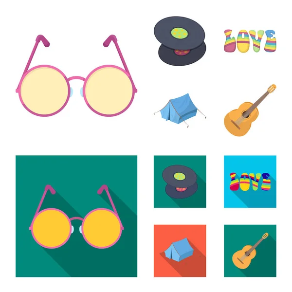 Vinyl schijven, gitaar, tent. Hippie instellen collectie iconen in de tekenfilm, vlakke stijl vector symbool stock illustratie web. — Stockvector