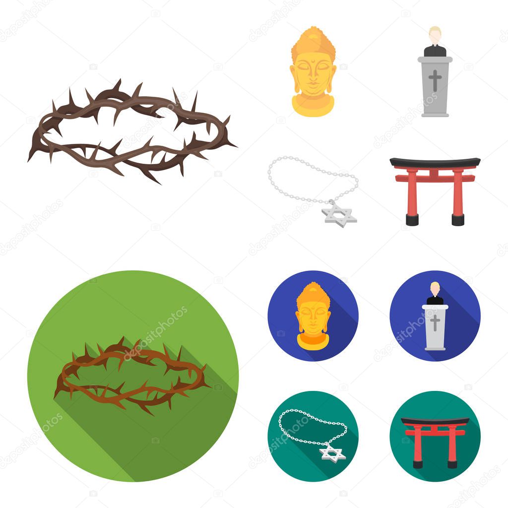 A crown of thorns, a star of David, a priest, a buddha head. Religion set collection icons in cartoon,flat style vector symbol stock illustration web.