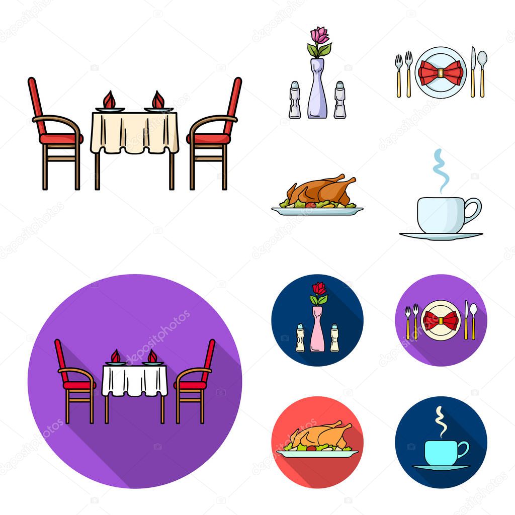 Vase with a flower, table setting, fried chicken with garnish, a cup of coffee.Restaurant set collection icons in cartoon,flat style vector symbol stock illustration web.