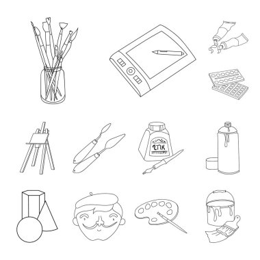 Ressam ve set koleksiyonu tasarım için çizim anahat simgeleri. Sanatsal aksesuarları sembol stok web illüstrasyon vektör.