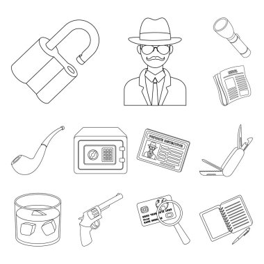 Dedektif ve öznitelikleri set koleksiyonu tasarım için simgeleri anahat. Dedektif ajansı vektör simge stok web çizim.