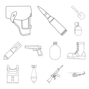 Set koleksiyonu tasarım için ordu ve donatma anahat simgeleri. Silah ve teçhizat sembol stok web illüstrasyon vektör.