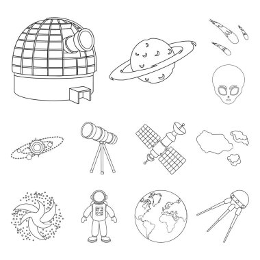 Uzay teknolojisi anahat simgeleri set koleksiyonu tasarım için. Sembol stok web illüstrasyon vektör uzay aracı ve ekipman.